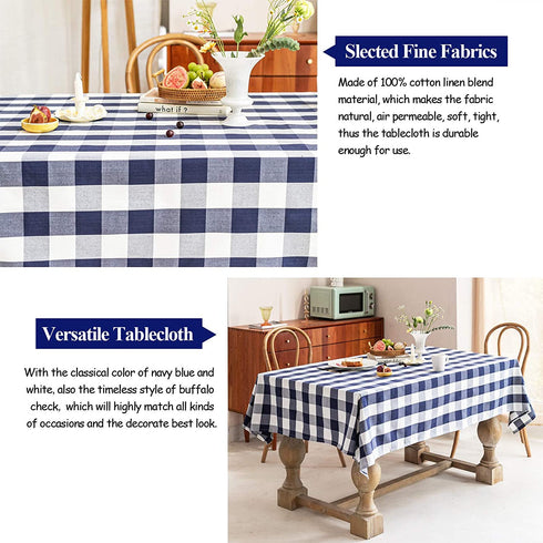 Wracra Checkered Tablecloth Cotton Linen Buffalo Plaid Rectangle Table Cloth Washable Wrinkle Free Anti-Fading Outdoor & Indoor Dining Table Cover, Navy Blue, 55 × 71 Inch