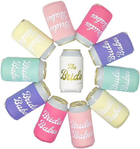 BRIDE'S BABES Bachelorette Party Can Sleeves - 11 Pack Insulated Neoprene Drink Holders for Regular Cans Bottles | Decorations, Supplies & Favors (Retro Rainbow)