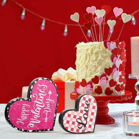 3 Pieces Valentine's Day Heart Wood Sign Reversible Heart Tray Decor Love Heart Shape Home Decor Double Side Printed Freestanding Table Decorations for Valentines Day Wedding Party (Lovely Style)