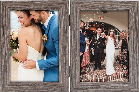 Golden State Art, 5x7 Double Frame Wood Grain Hinged Picture Frame Two Photo Frames, for Wedding Family Picture Collage (Grey, 5x7)