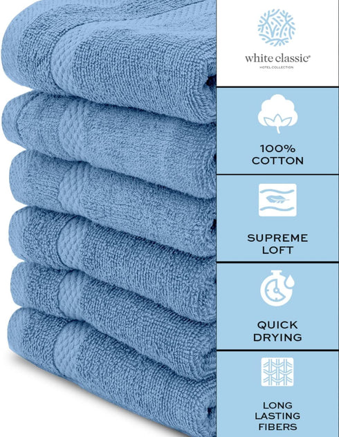 White Classic Luxury Cotton Washcloths - Large Hotel Spa Bathroom Face Towel | 12 Pack | Light Blue