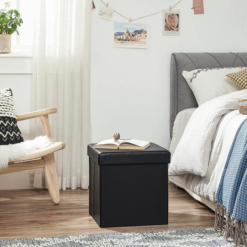 SONGMICS ULSF101 Storage Ottoman Cube/Footrest Stool/Coffee Table/Puppy Step, Holds Up to 660 lb., Faux Leather, 15", Black