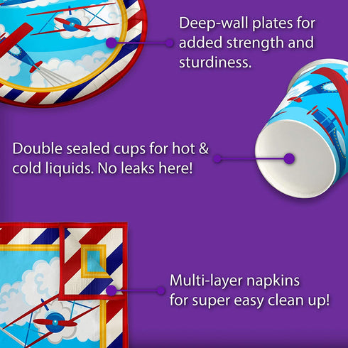 Airplane Birthday Party Supplies Set Plates Napkins Cups Tableware Kit for 16