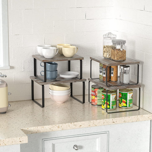 J JACKCUBE DESIGN Kitchen Cabinet Shelf Set of 2, Stackable, Expandable Metal and Rustic Wood Pantry Organizer Storage, Cupboard for Dishes, Spice Jars, Coffee Mug -MK617A