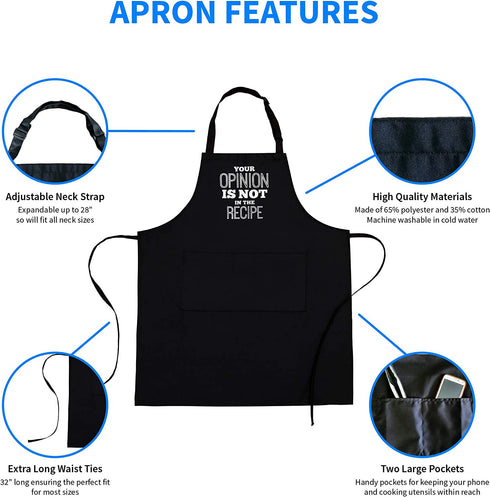 Savvy Designs BBQ Apron Funny Apron - Your Opinion is Not in The Recipe - Adjustable Black Apron with Pockets