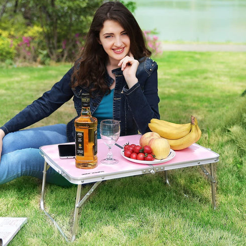 SUPERJARE Foldable Laptop Table, Bed Desk, Breakfast Serving Bed Tray, Portable Mini Picnic Table & Lightweight, Folds in Half with Inner Storage Space - Pink