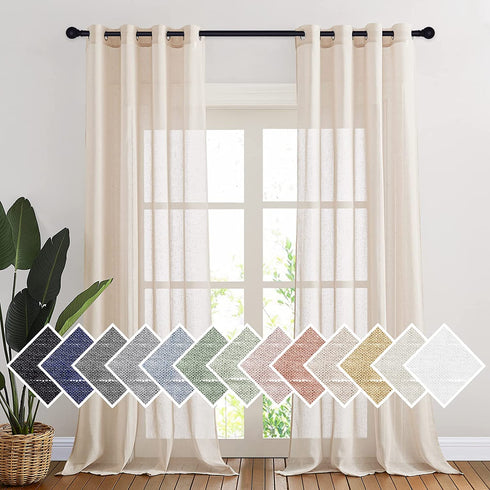 NICETOWN Flax Linen Sheer Curtains 108" Length for Windows, Ring Top Privacy Semitransparent Sheer Light Filter Curtain Panels for Bedroom / Living Room, Beige, 52" W Per Panel, Set of 2