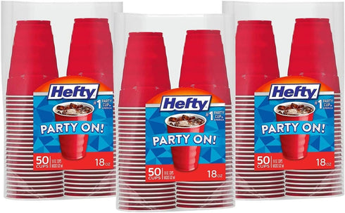 Hefty Party On Disposable Plastic Cups, Red, 18 Ounce, 50 Count (Pack of 3), 150 Total