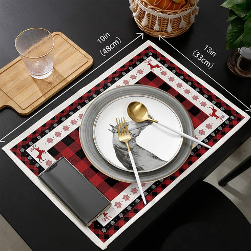 T&H XHome Merry Christmas Cotton Linen Non-Slip Placemats for Dining Table,Christmas Elk Snowflakes on Buffalo Plaid Washable Table Mats Heat Resistant Stain Resistant Kitchen Table Placemat Set of 4