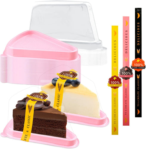 50 Pack Cake Slice Containers, Clear Plastic Cake Containers Disposable Cheesecake Containers Individual Cake Pie Slice Boxes with Lids for Small Pies Snack Dessert - Bonus 50 Pcs Stickers (Pink)
