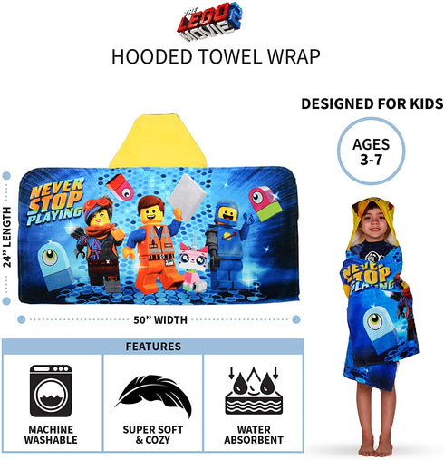 Franco Kids Bath Hooded Towel Wrap, 24 in x 50 in, Lego Movie 2