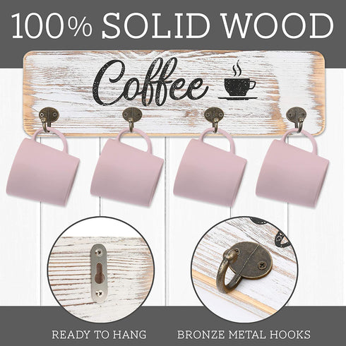 LotFancy Coffee Mug Holder, Rustic Wall Mounted Mug Rack with 12 Cup Hangers, Farmhouse Wood Cup Organizer for Home, Office, Kitchen Display Storage Collection, White Coffee Nook Décor