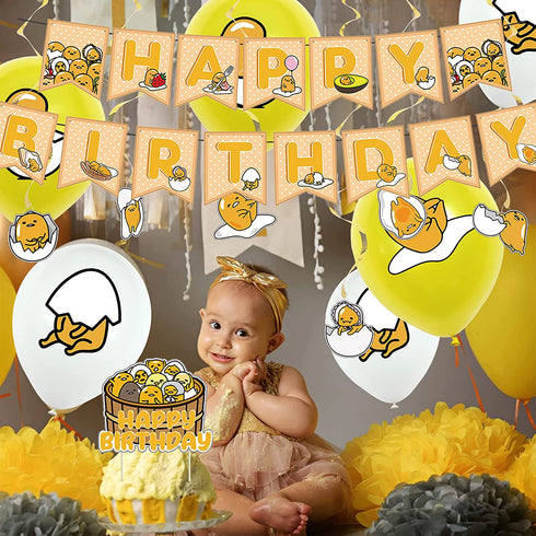 38 Pcs Gudetama Theme Birthday Party Decorations,Party Supply Set for Kids with 1 Happy Birthday Banner Garland , 13 Cupcake Toppers, 18 Balloons,6 Spiral for Party Decorations