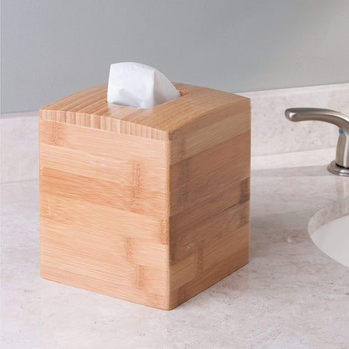 iDesign Formbu Bamboo Facial Tissue Box Cover, Boutique Container for Bathroom Vanity Countertops, 5.25" x 5.25" x 6", Natural Beige