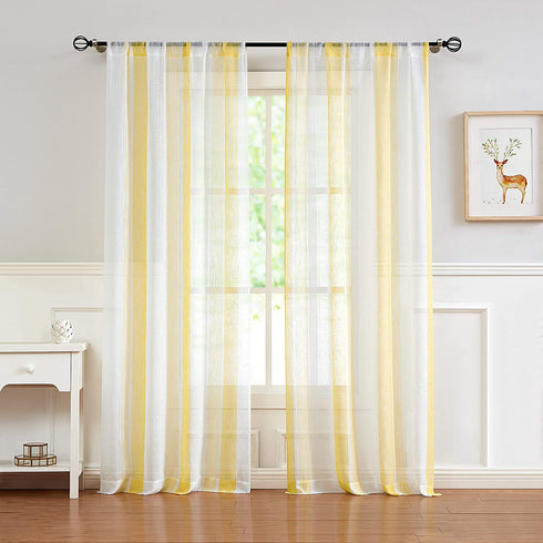 Central Park Sheer Yellow and White Stripe Farmhouse Curtains Boucle Linen Window Curtain Panel Pairs Yarn Dyed Woven 63 Inches Long for Living Room Bedroom 2 Pack Rod Pocket Rustic Living Panels