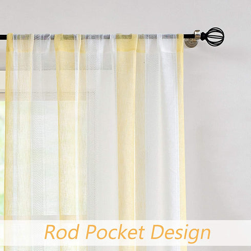 Central Park Sheer Yellow and White Stripe Farmhouse Curtains Boucle Linen Window Curtain Panel Pairs Yarn Dyed Woven 63 Inches Long for Living Room Bedroom 2 Pack Rod Pocket Rustic Living Panels