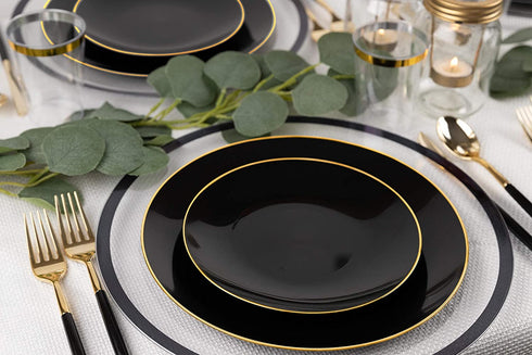 Plasticpro 32 Piece Combo Plate Set includes 16 - 7'' inch Plates & 16 - 10'' inch Dinner Plates Black Plastic With Gold Rim Design Party Plates, Premium heavyweight Elegant, Disposable
