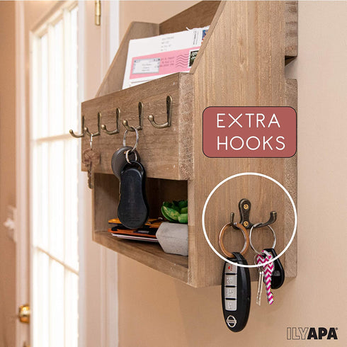 Ilyapa Key and Mail Holder for Wall - Mail Organizer Wall Mount with Shelf - Rustic Barnwood Decorative Wall Key Holder with 5 Metal Hooks