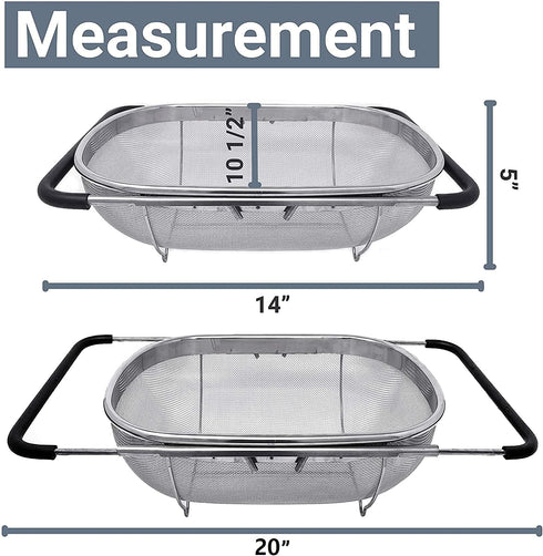 Makerstep Over the Sink Colander Strainer Basket Stainless Steel, For Kitchen Sink with Rubber Grip, Fine Mesh, Large Kitchen Gadgets Tools, Expandable Metal Pasta Strainer Home Kitchen Essentials
