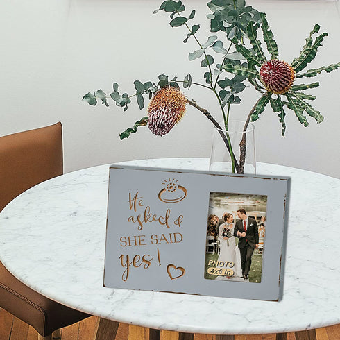 Wedding Engagement Gifts for Women Bride to Be - Lovers Engraved Picture Frame 4x6 Inches - He Asked and She Said Yes