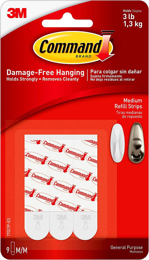 Command Medium Refill Adhesive Strips, Damage Free Hanging Wall Adhesive Strips for Medium Indoor Wall Hooks, No Tools Removable Adhesive Strips for Living Spaces, 9 White Command Strips