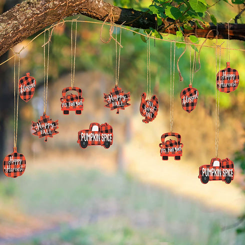 24 Pieces Thanksgiving Buffalo Plaid Ornament Wooden Hanging Sign Hanging Wishes Craft for Fall Harvest Wall Decoration 6 Styles Pumpkin Turkey Truck (Orange and Black) (Orange and Black, 24)