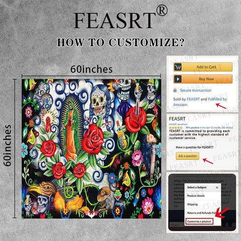 FEASRT Day of Dead Tapestry Skull Tapestry Mexican Skeleton Tapestries for Bedroom Living Room Apartment Dorm Decorations Wall Art Decor Tapestry 60x60 Inches GTZYAY427