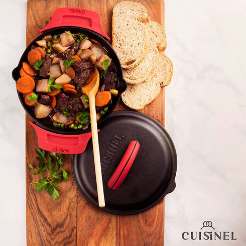 Cast Iron Skillet with Cast Iron Lid - 8"-Inch Dual Handle Frying Pan + Pan Scraper + Silicone Handle Holder Covers - Pre-Seasoned Oven Safe Cookware - Indoor/Outdoor, Grill, Stovetop, Induction Safe