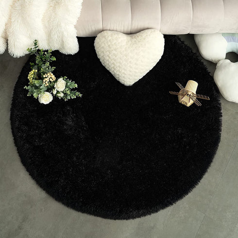 Chicrug Fluffy Round Area Rugs for Girls Bedroom, 4x4 Feet Shaggy Circle Area Rug for Living Room, Soft Fuzzy Carpets for Princess Room, Cute Rug Kids Circular Playmats for Baby Nursery Home, Black