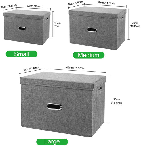 Valease Linen Fabric Collapsible Storage Bins with Removable Lids and Handles, Washable Storage Box Containers Baskets Cube with Cover for Bedroom,Closet,Office,Living Room,Nursery (Grey, Medium)