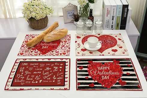 Valentine's Day Placemats Set of 4 Washable Cotton Linen Heat Resistant Table Place Mats Happy Lover Romantic Rose Love Red Placemats for Holiday Banquet Dining Kitchen Table Decor (Valentine's Day)