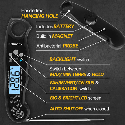 KULUNER TP-01 Waterproof Digital Instant Read Meat Thermometer with 4.6? Folding Probe Backlight & Calibration Function for Cooking Food Candy, BBQ Grill, Liquids,Beef(Black)