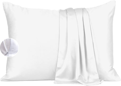 Bamboo Pillow Cases Queen Size - Set of 2 Bamboo Pillowcase with Zipper, Cooling Pillow Cases Zippered, Cool Pillow Cases, White Satin Pillowcase for Hair and Skin Women, Queen Pillow Covers 2 Pack