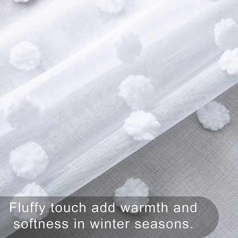 White Boho Curtains 96 Inches Long for Living Room Set 2 Panels Pocket Semi Sheer Pretty Crinkle Pom Dot Floral Curtains for Front Windows Aesthetic Bedroom Girls Decorations Decor 8 FT Floor Length