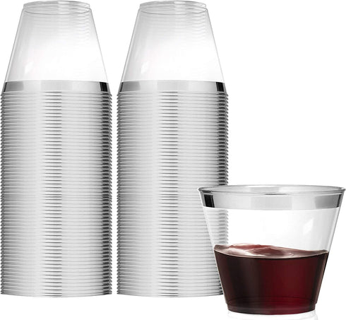 Stock Your Home Silver Rim 9 Ounce Clear Plastic Cups (100 Pack) Disposable Party Cups - Old Fashioned Reusable Plastic Tumblers for Weddings, Parties and Everyday Use