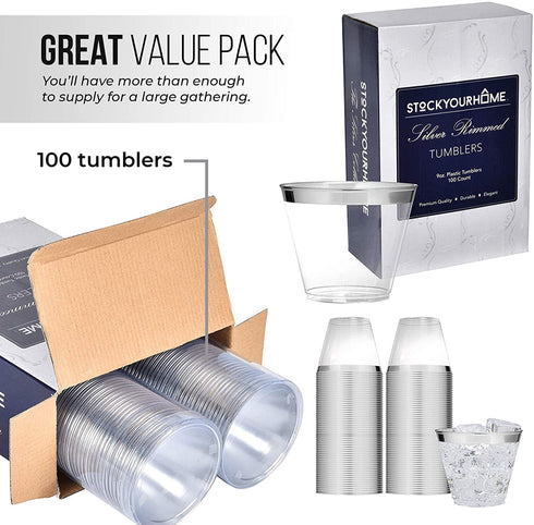 Stock Your Home Silver Rim 9 Ounce Clear Plastic Cups (100 Pack) Disposable Party Cups - Old Fashioned Reusable Plastic Tumblers for Weddings, Parties and Everyday Use