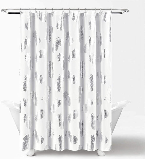 Lush Decor Pineapple Toss Shower Curtain - Fabric Metallic Print Design, 72? x 72?, Silver and White (16T004356)