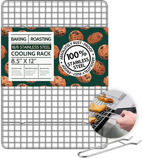 18/8 Stainless Steel, Cooling Rack for Baking with Lifting Handle, 8.5€?x 12€? Baking Rack, Oven and Dishwasher Safe, Wire Rack for Cooking, Roasting, Grilling, Fits Quarter Sheet Pan