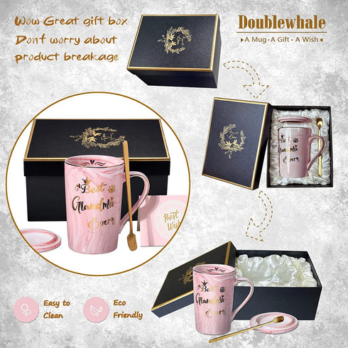 Doublewhale Grandma Gifts - Mothers Day Gifts for Grandma - Birthday Gifts for Grandma from Granddaughter Grandson Grandchildren - Best Grandma Ever Marble Ceramic Coffee Mug 14Oz with Lid Pink