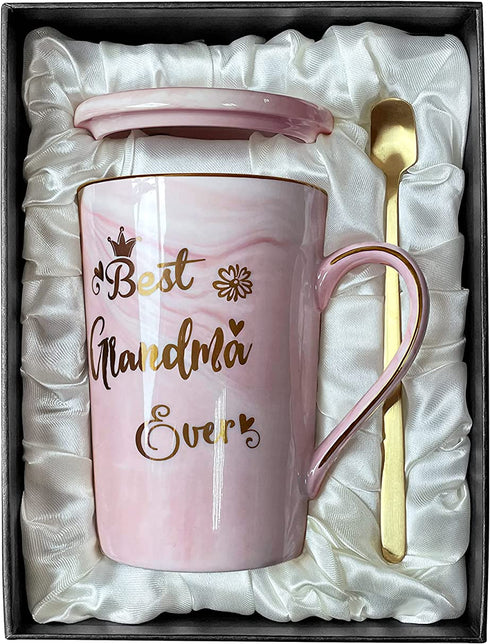 Doublewhale Grandma Gifts - Mothers Day Gifts for Grandma - Birthday Gifts for Grandma from Granddaughter Grandson Grandchildren - Best Grandma Ever Marble Ceramic Coffee Mug 14Oz with Lid Pink