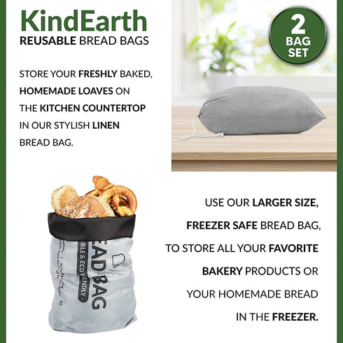 KindEarth - 2 Bread Bags, Reusable Bread Storage Keeper for Freezer, Extra Large Loaf Container, Organic Linen Cloth Cotton Bag, Gift Giver for Bread Maker, Keeps homemade Sourdough Bread Fresh