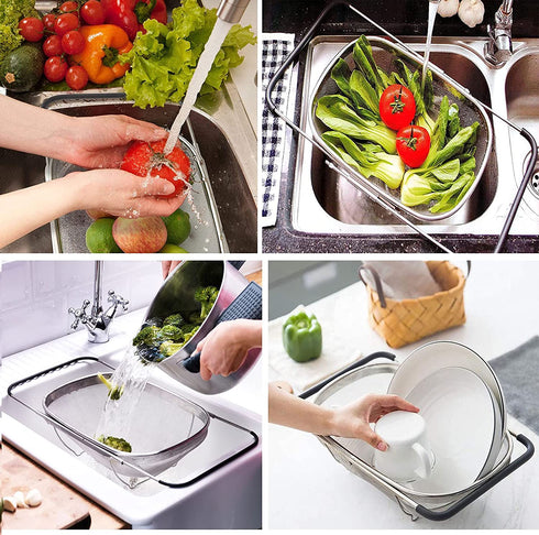 HOJKMA Over the Sink Colander, 4 Quarts Stainless Steel Expandable Oval Strainer Basket Colander with Rubber Grip Handles Fine Mesh Colander for Kitchen Sink, Strain, Drain, Rinse Fruits, Vegetables