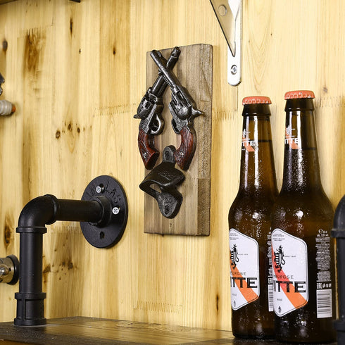 MyGift Wall Bottle Opener - Rustic Burnt Wood Western-Inspired Hanging Beer Bottle Cap Opener with Dual Old Wild West Six Shooter Revolvers Design