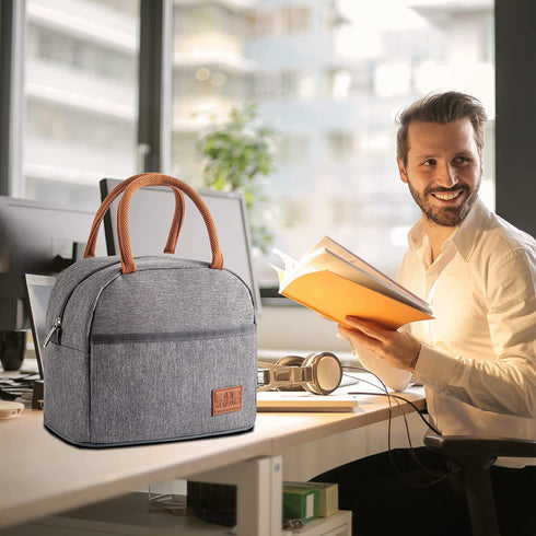 Zoforthon Lunch Bag Reusable Bag for Lunch Box Portable Tote Double Layer Food Cooler Bag for Travel Work Picnic, Grey