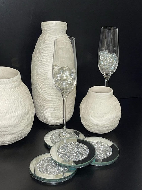 Glass Coasters for Drinks, Set of 4, Diamond Decor, Silver Crystal, Mirrored Elegant, Fancy, Glam, for Home Kitchen Table Bar Accessories, Round (4? x 4?)