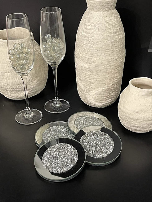 Glass Coasters for Drinks, Set of 4, Diamond Decor, Silver Crystal, Mirrored Elegant, Fancy, Glam, for Home Kitchen Table Bar Accessories, Round (4? x 4?)