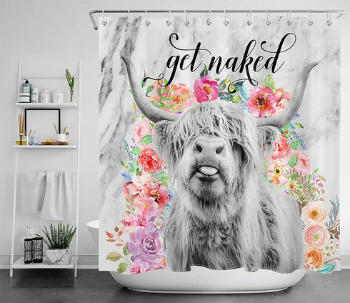 EOBTAIN Get Naked Marble Shower Curtain Highland Cow with Colorful Flowers Funny Bull Cow Farm Animals Bathroom Curtain 72x72Inch Waterproof Fabric with 12 Hooks