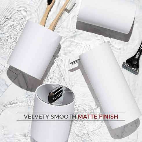 Sleek White Bathroom Accessory Set 4 Pcs complete bathroom set. Modern bathroom decor. Bathroom organizer. Accesorios para ba±os. Industrial bathroom accessories. Toothbrush holder Soap dispenser set.