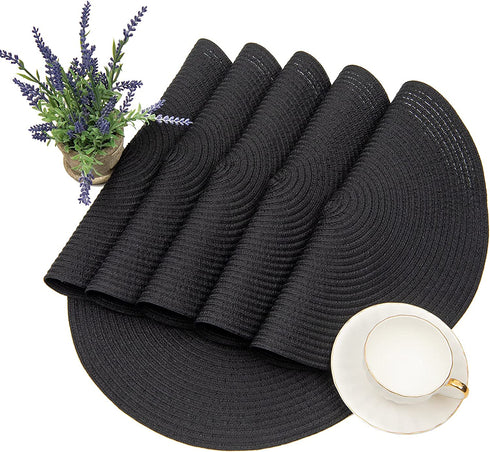 SHACOS Round Braided Placemats Set of 6 Washable Cotton Polyester Woven Round Table Mats 15 inch Heat Resistant (Black, 6)