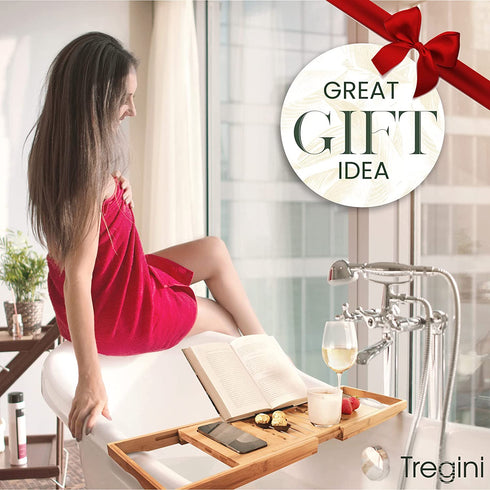 Premium Bath Caddy - Extendable Bamboo Wood Bathtub Tray with Adjustable Reading Rack for Book, iPad or Kindle - Tablet Slot or Cellphone - Wine Glass Holder